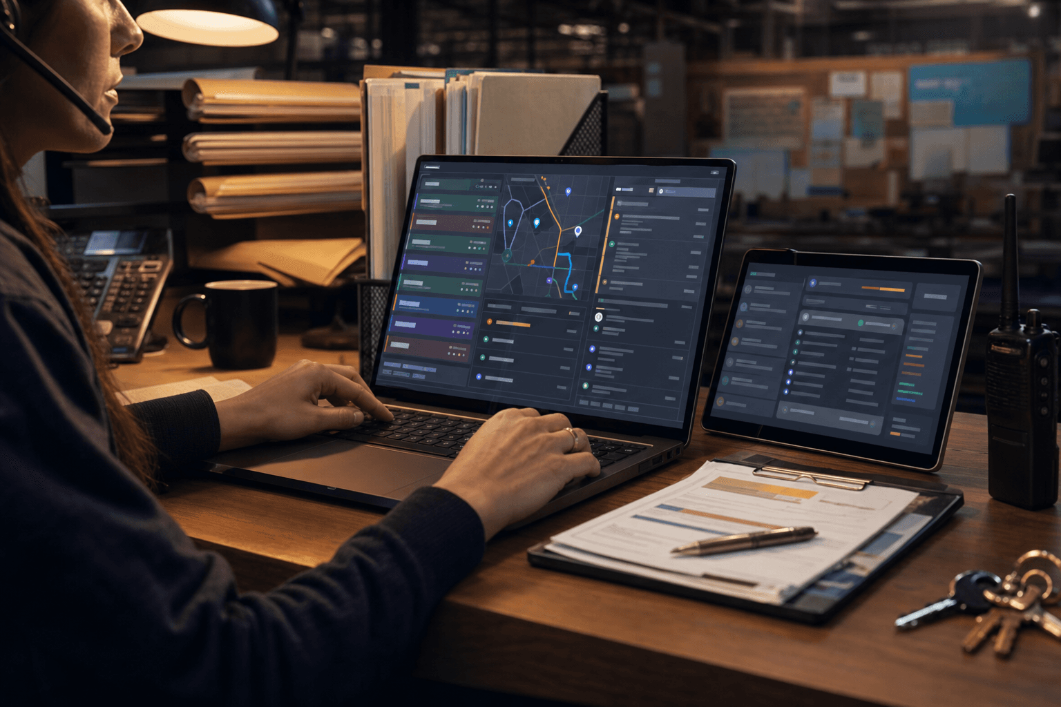 Dispatcher desk with route map and home services job queue