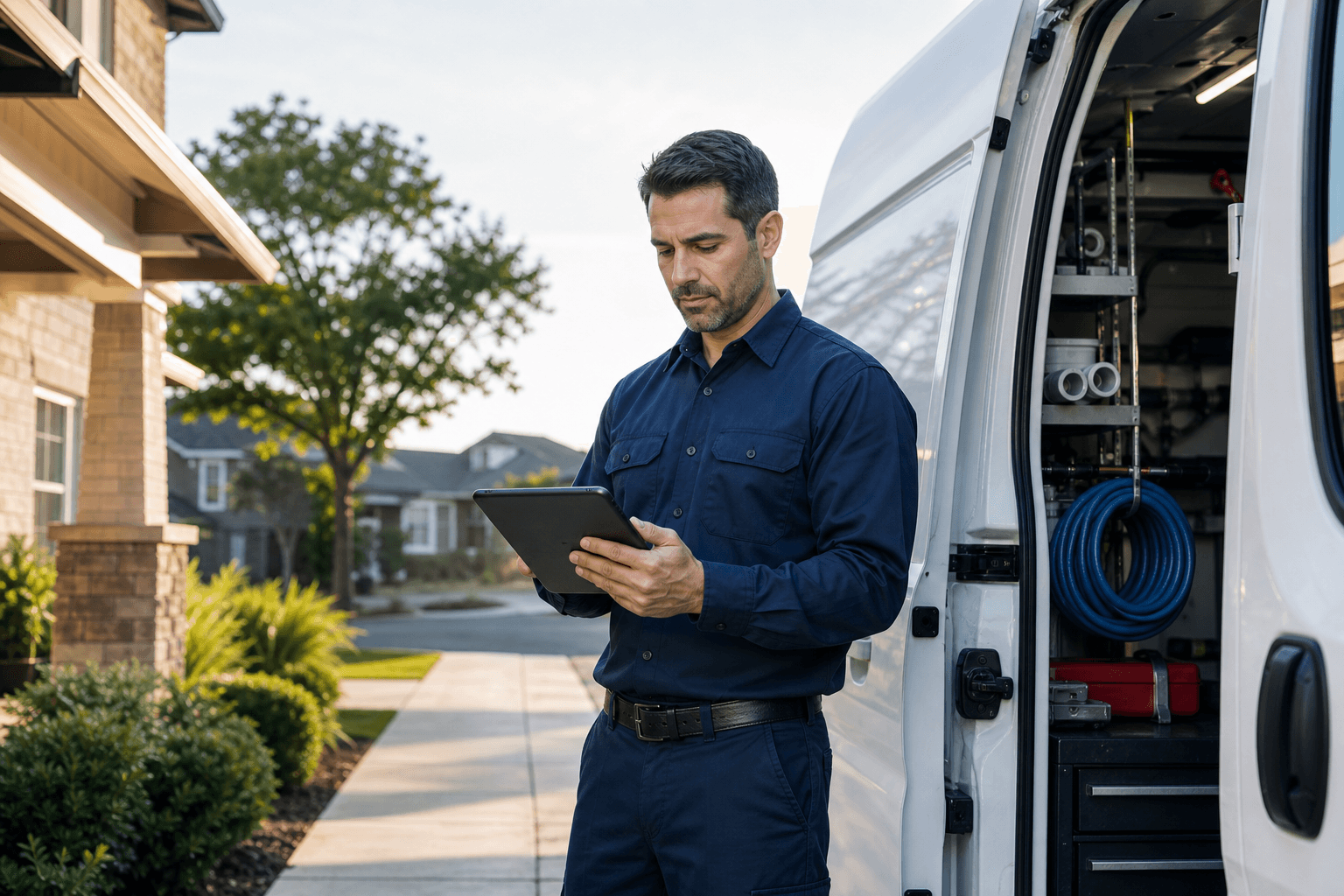 Home services technician reviewing job notes on a tablet beside a service van